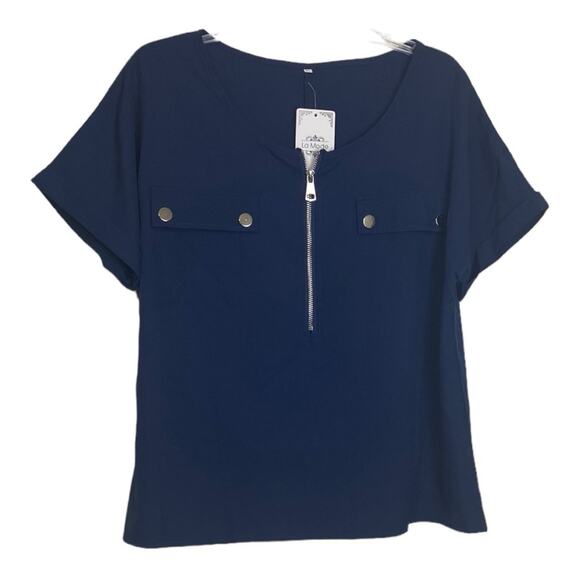 La Mode Navy Short-Sleeve Blouse with Zipper and Button Detail, NEW Size XL - Picture 2 of 5